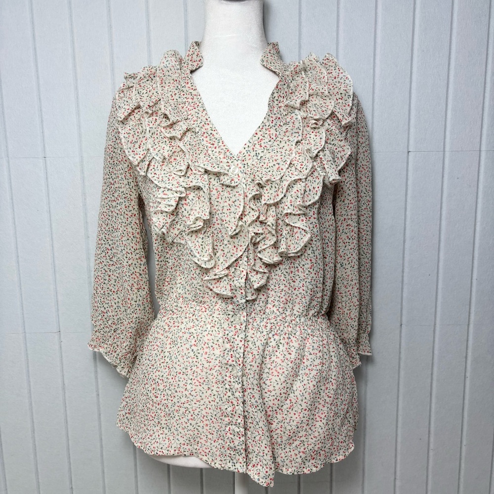 Cotton Express Cream Floral Ruffle lightweight Blouse size S